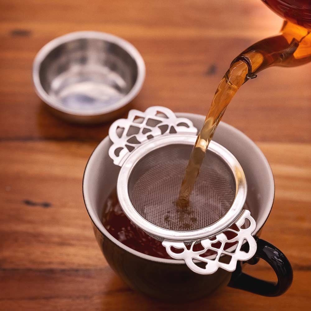 RSVP International Tea Strainer With Drip Cup - Stainless Steel Loose Leaf Infuser