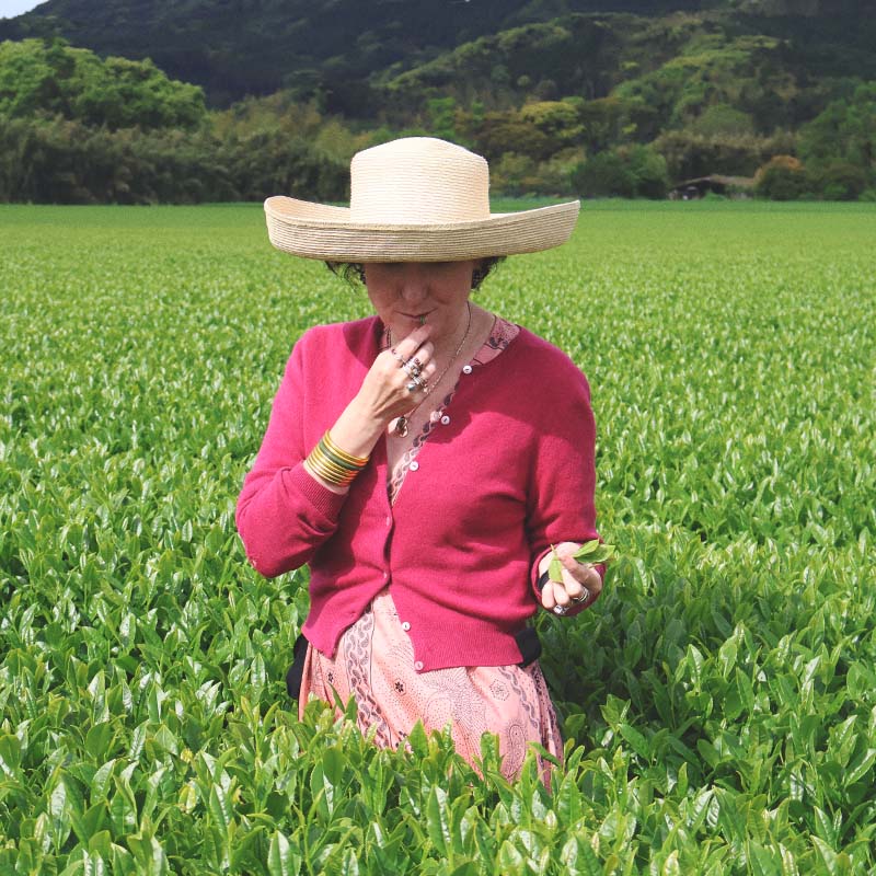 Henrietta Lovell in a red shirt and straw hat standing in a tea field.