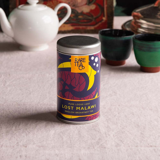 tin of Rare Tea Company Single Estate Lost Malawi English Breakfast loose leaf tea